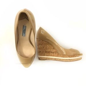 Prada "Vern Cork" Peep-toe Patent Leather Wedge 8